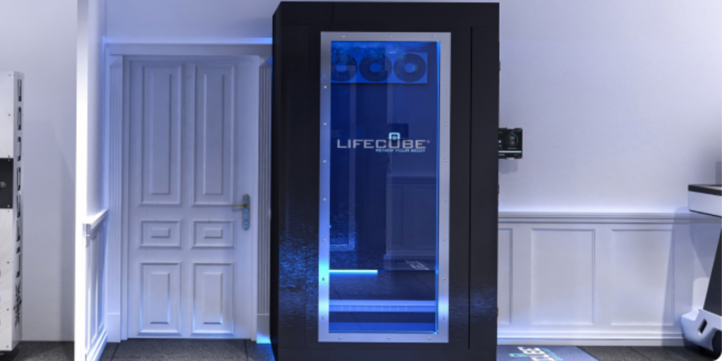 LifeCube Global home cryotherapy machine featured in a modern wellness setting, representing temperature therapy and contrast wellness trends in the UK.
