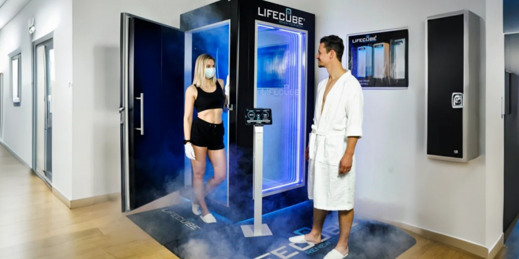 Single-person LifeCube cryotherapy machine installed in a modern home wellness or studio space, representing an affordable entry point for entrepreneurs starting a cryotherapy business.