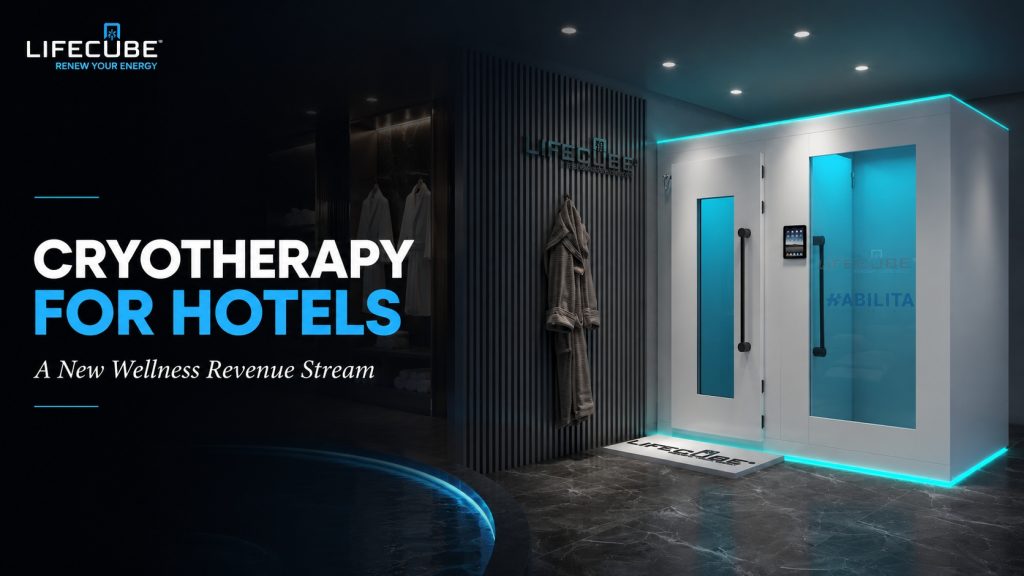 Cryotherapy for hotels featuring a luxury LifeCube cryotherapy chamber inside a premium hotel spa wellness environment