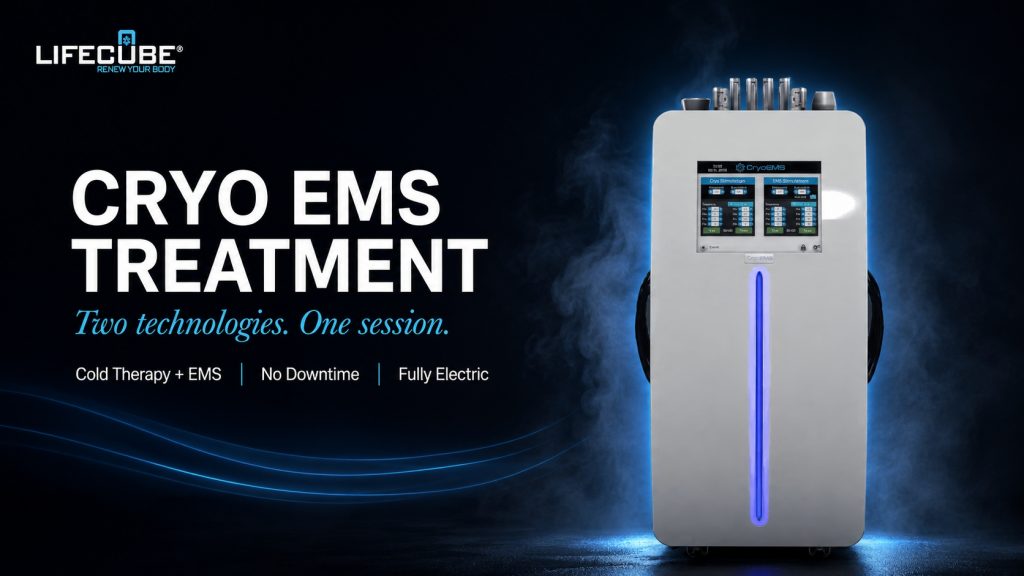 CryoEMS treatment device with cold therapy and EMS handpieces on charcoal background