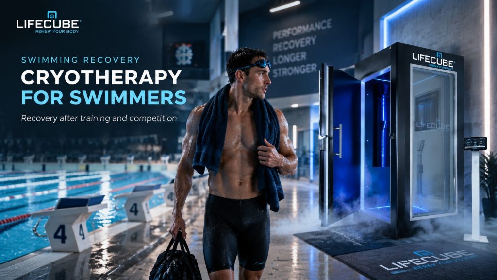 Cryotherapy for swimmers using a LifeCube chamber after training in a professional swimming recovery centre.