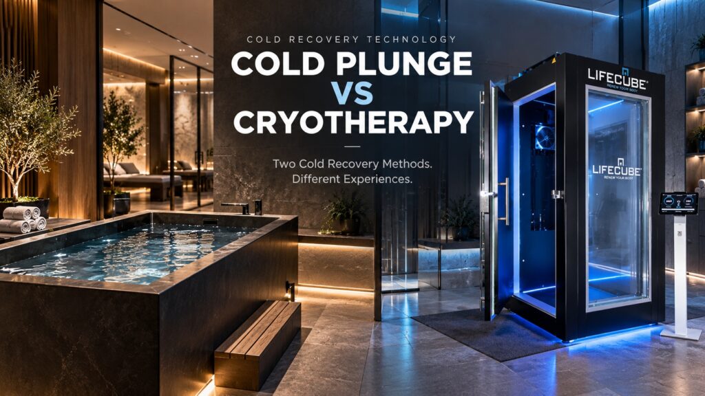 Cold plunge vs cryotherapy comparison showing a cold-water immersion tub and LifeCube electric whole-body cryotherapy chamber in a luxury wellness facility.